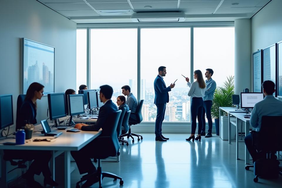 Professionisti che collaborano in un moderno ufficio a Milano, unendo tecnologia e ospitalità